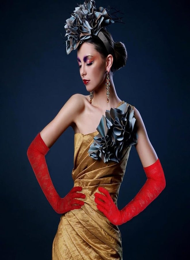 YANWENX Long Lace Gloves Bridal Gloves for Wedding Lace Gloves for Women Floral Opera Gloves Stretchy Elbow Length Gloves Party Costumes_Red - Image 3